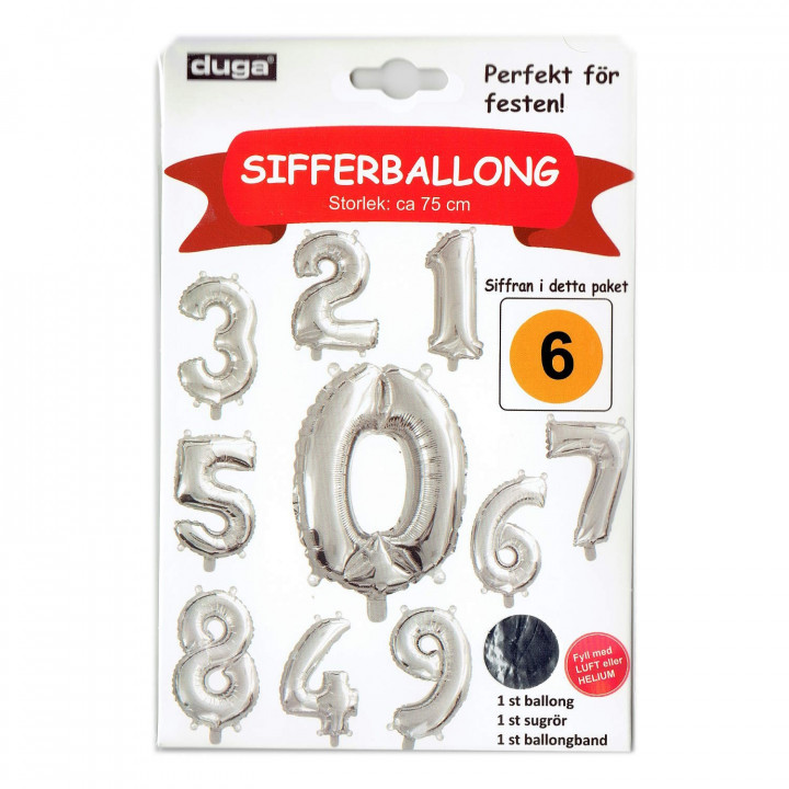 Folieballong Siffra 6 - Silver Metallic - 75cm hög