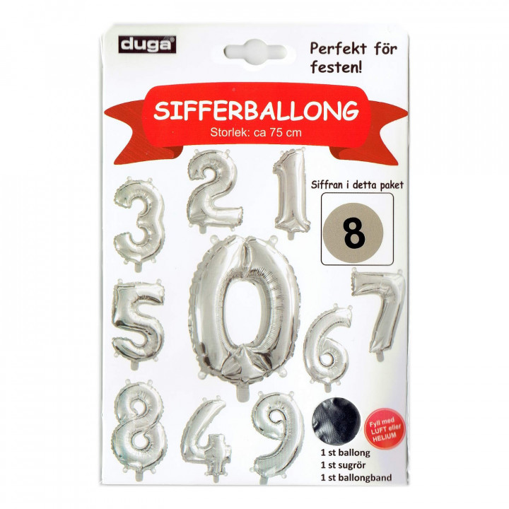 Folieballong Siffra 8 - Silver Metallic - 75cm hög