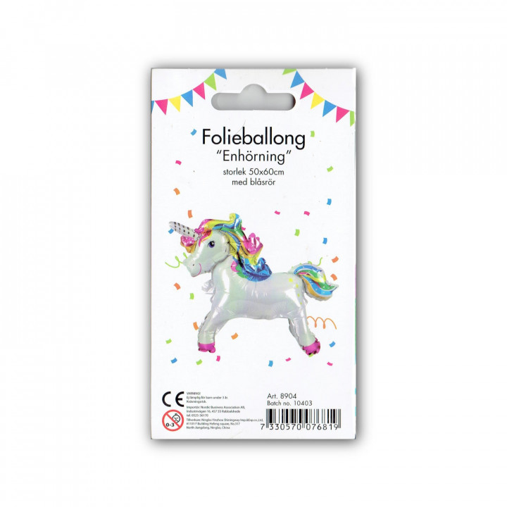 Folieballong Enhörning 50x60cm (med blåsrör)