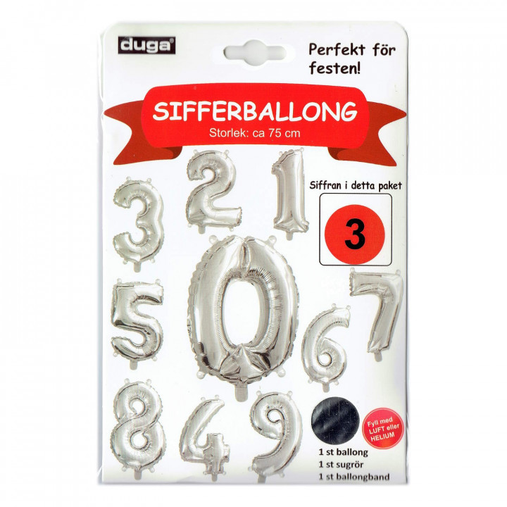 Folieballong Siffra 3 - Silver Metallic - 75cm hög