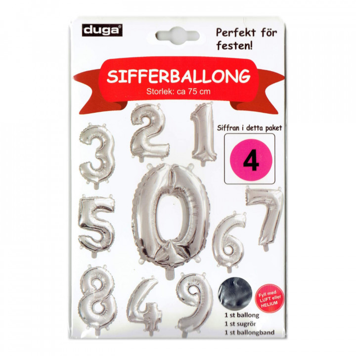 Folieballong Siffra 4 - Silver Metallic - 75cm hög